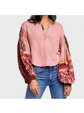 Free People Patchwork Boho Henley Top Wide Sleeve Size M